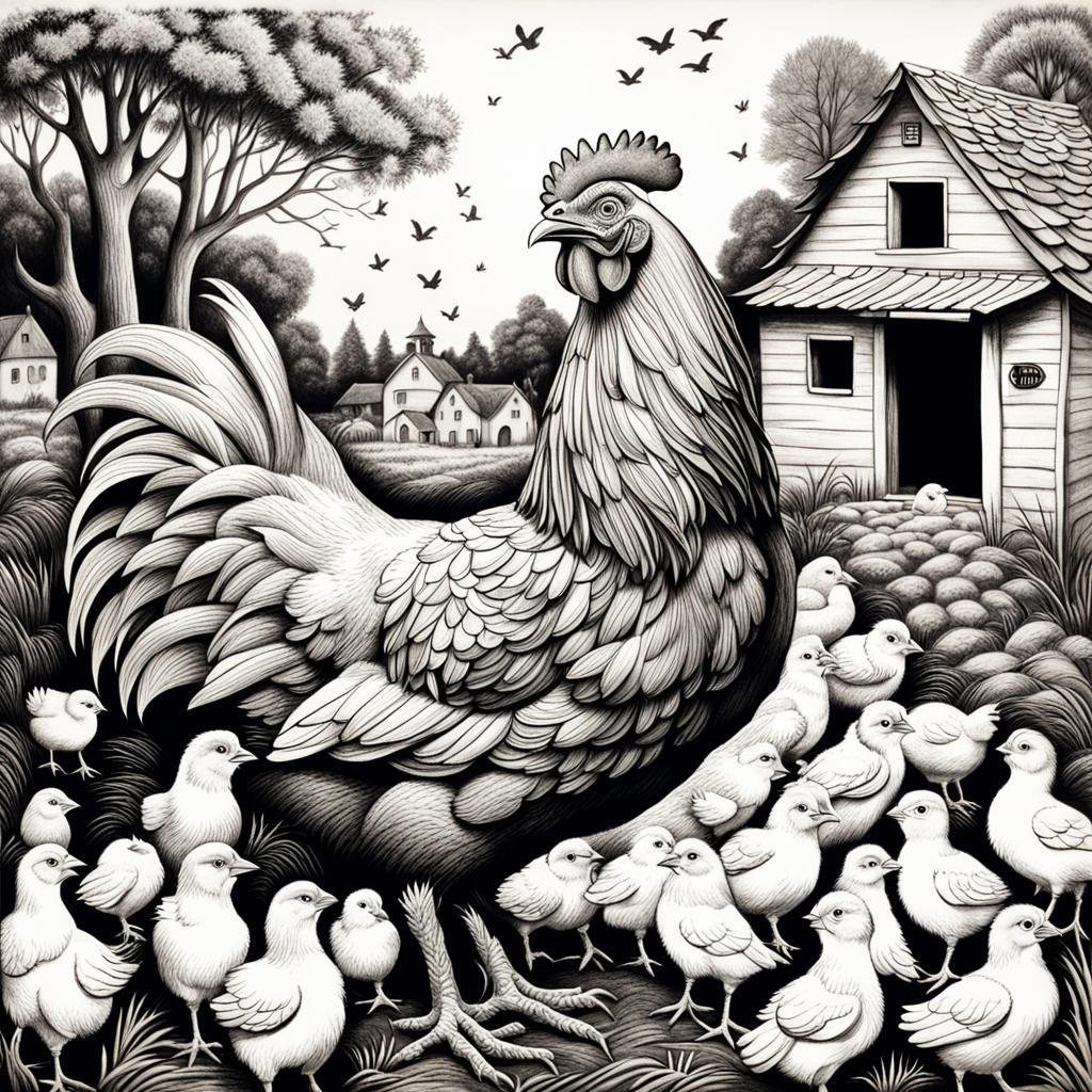 Hyperdetailed Charcoal Drawing of a Mother Hen and Chicks