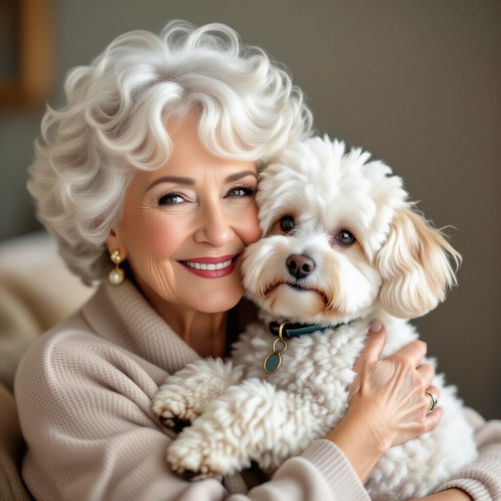 Elegant Woman Hugs Curly-Haired Dog