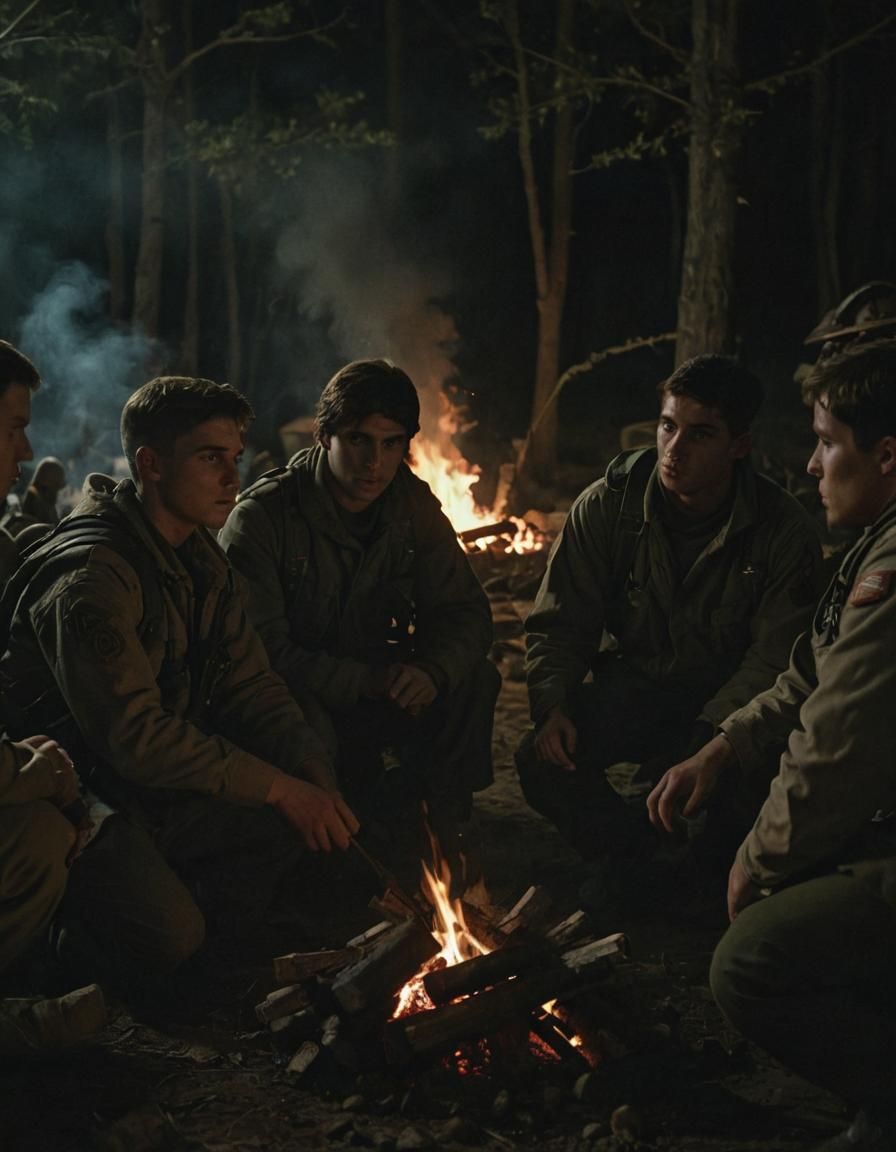 Soldiers Bonding Over Campfire in Film Noir Style