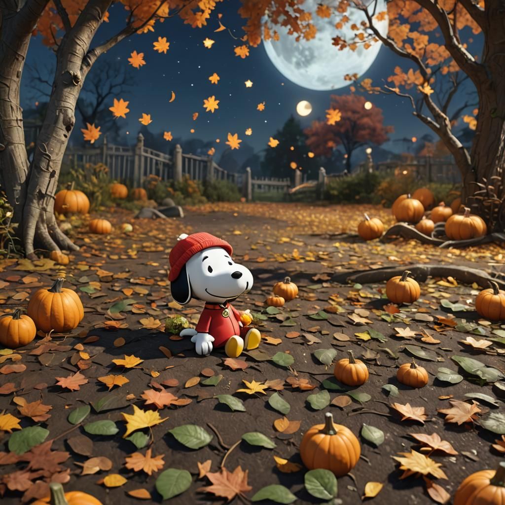Snoopy and Hello Kitty in Autumn, 3D Render