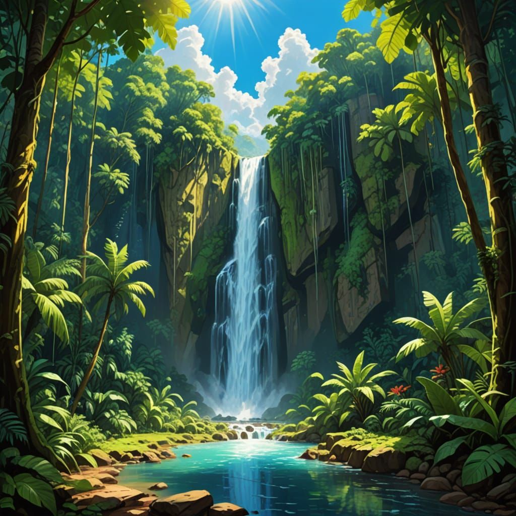 Tropical Paradise Waterfall in Vibrant Tetradic Colors