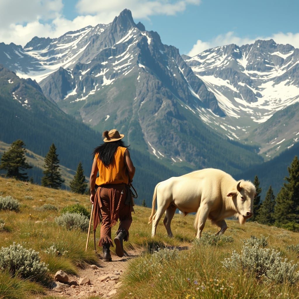 Native American Shaman and White Bison in Mountains