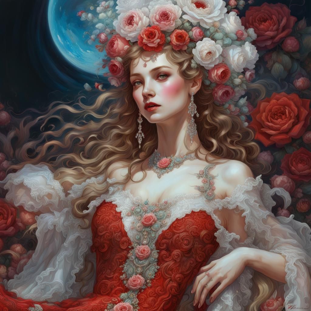 Maximalist Beauty with Iridescent Hat and Red Roses