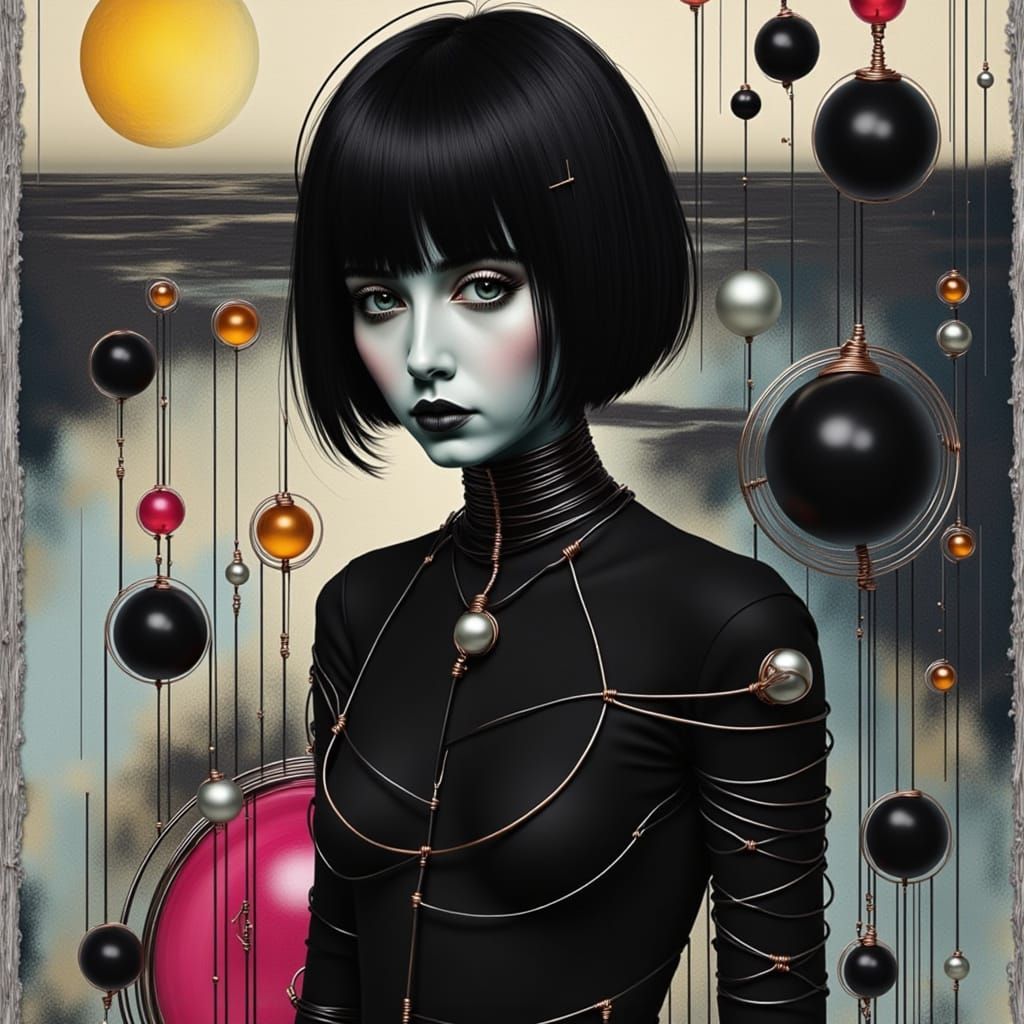 Wire-Wrapped Woman in Neon Futurism Style