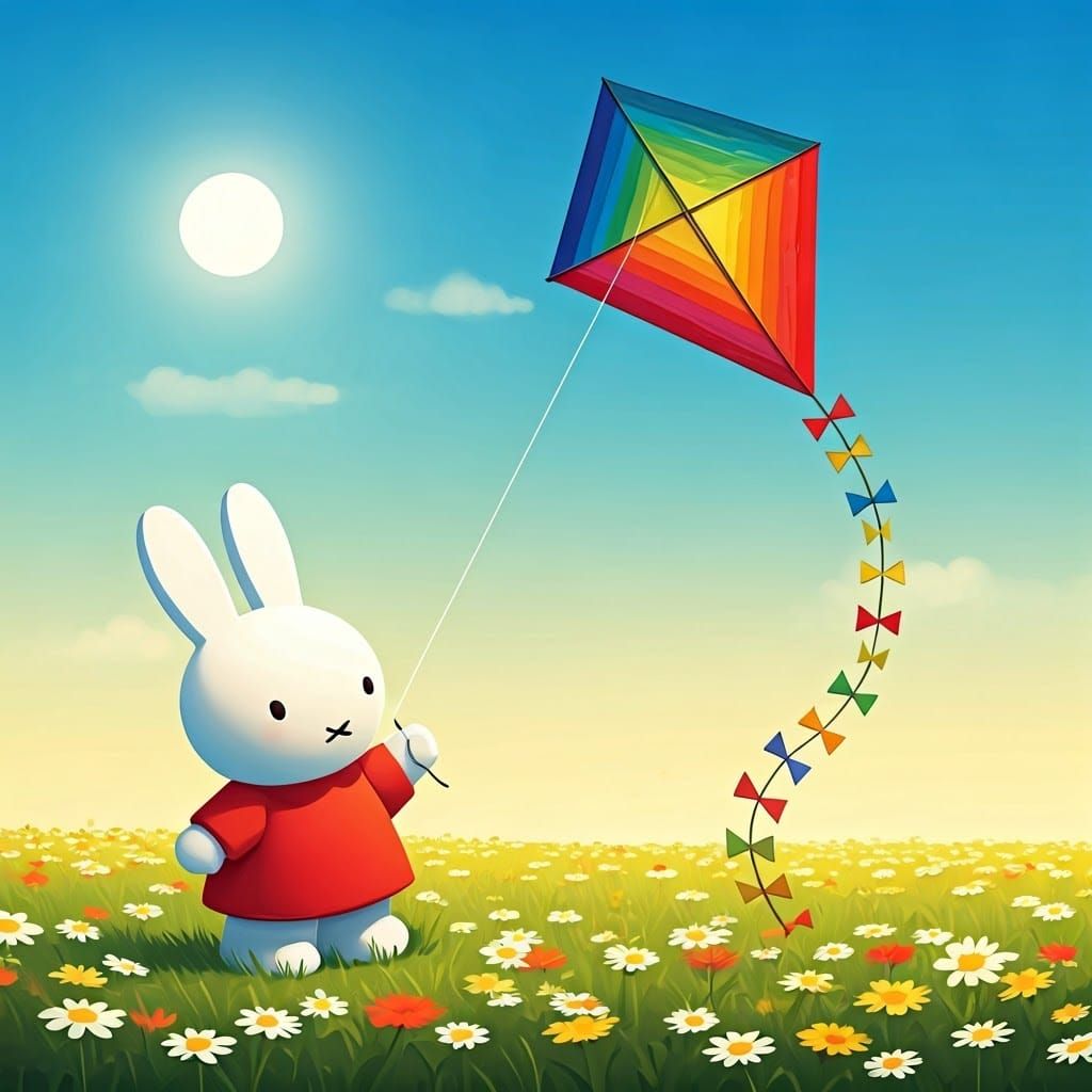 Miffy Soars with Rainbow Kite in Vibrant Floral Landscape