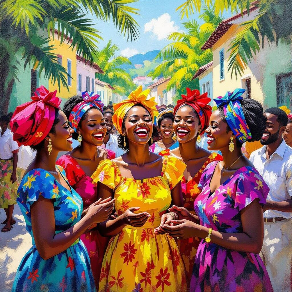 Joyful Haitian Women Singing in a Lively Street Scene