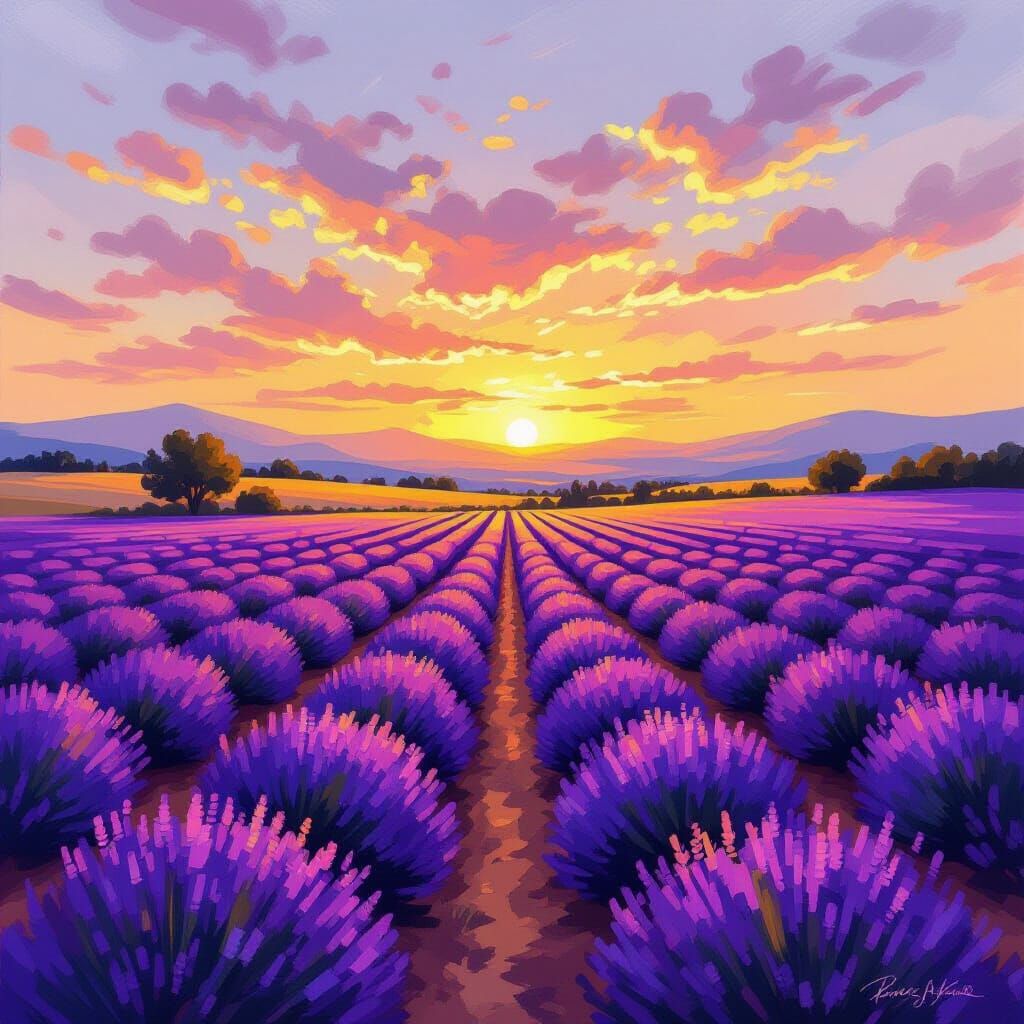 Lavender Field at Sunrise: Impressionistic Provence Landscap...
