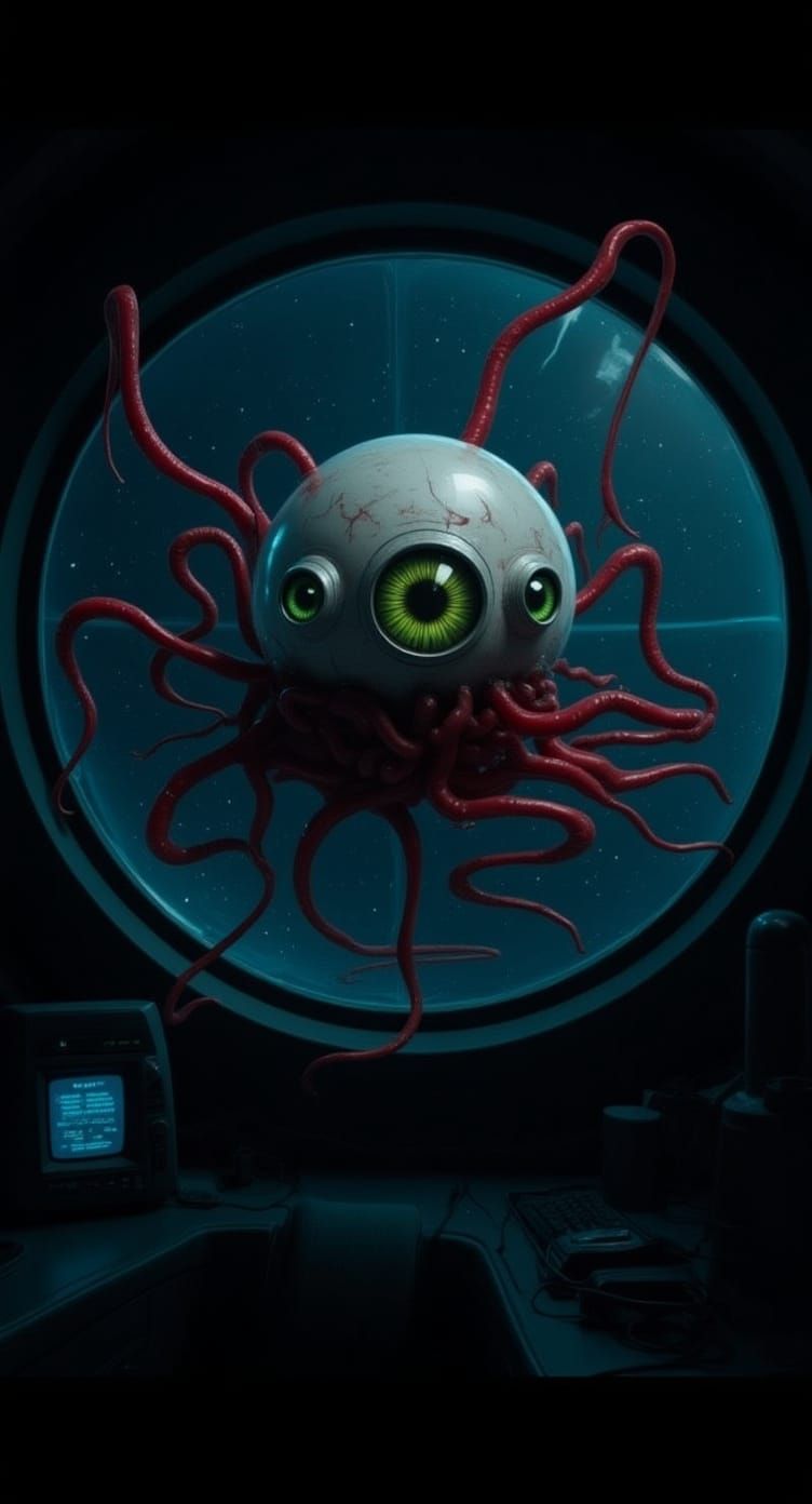 Photorealistic Eyeball with Insect Legs in Spaceship Lab