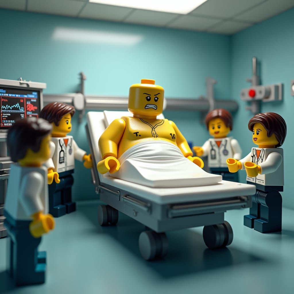 Photorealistic Hospital Scene with Lego Characters in a Medi...