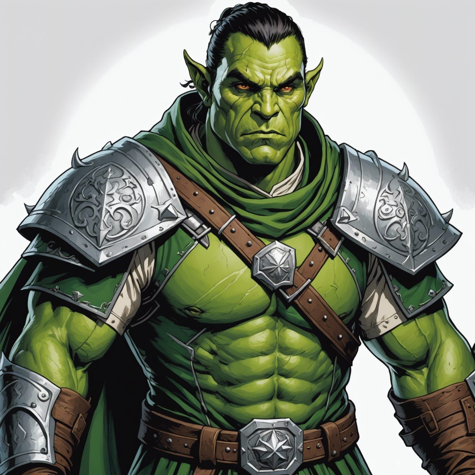 Green Half-Orc Cleric Portrait in Comic Book Style