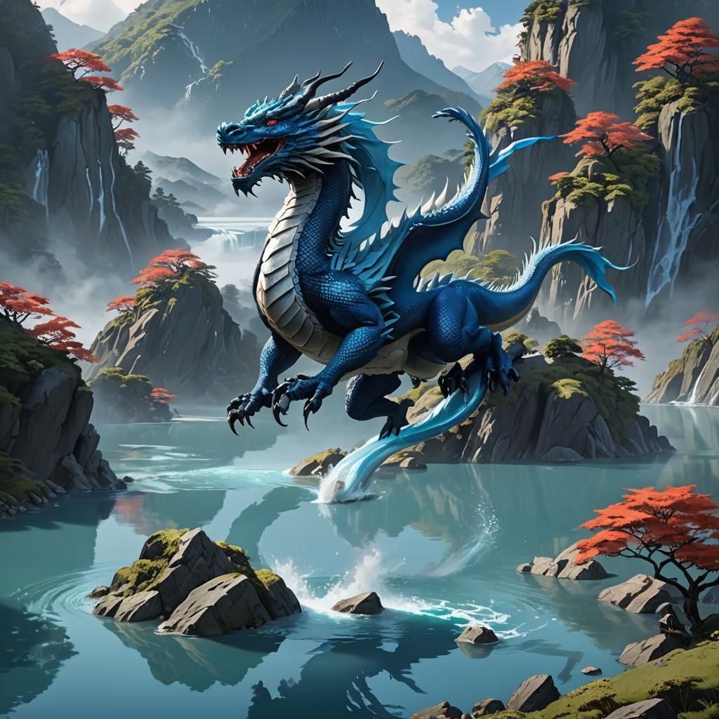 Elegant Blue Dragon Soaring Over Lake, Anime Art
