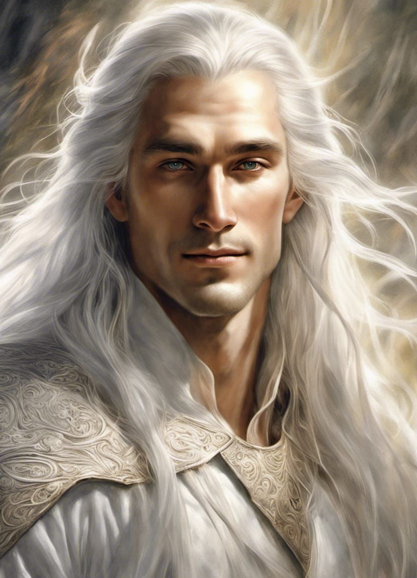 handsome elf, long flowing white hair, elaborate patterns on white fabric, white skin, majestic, knowing smile, body tur...
