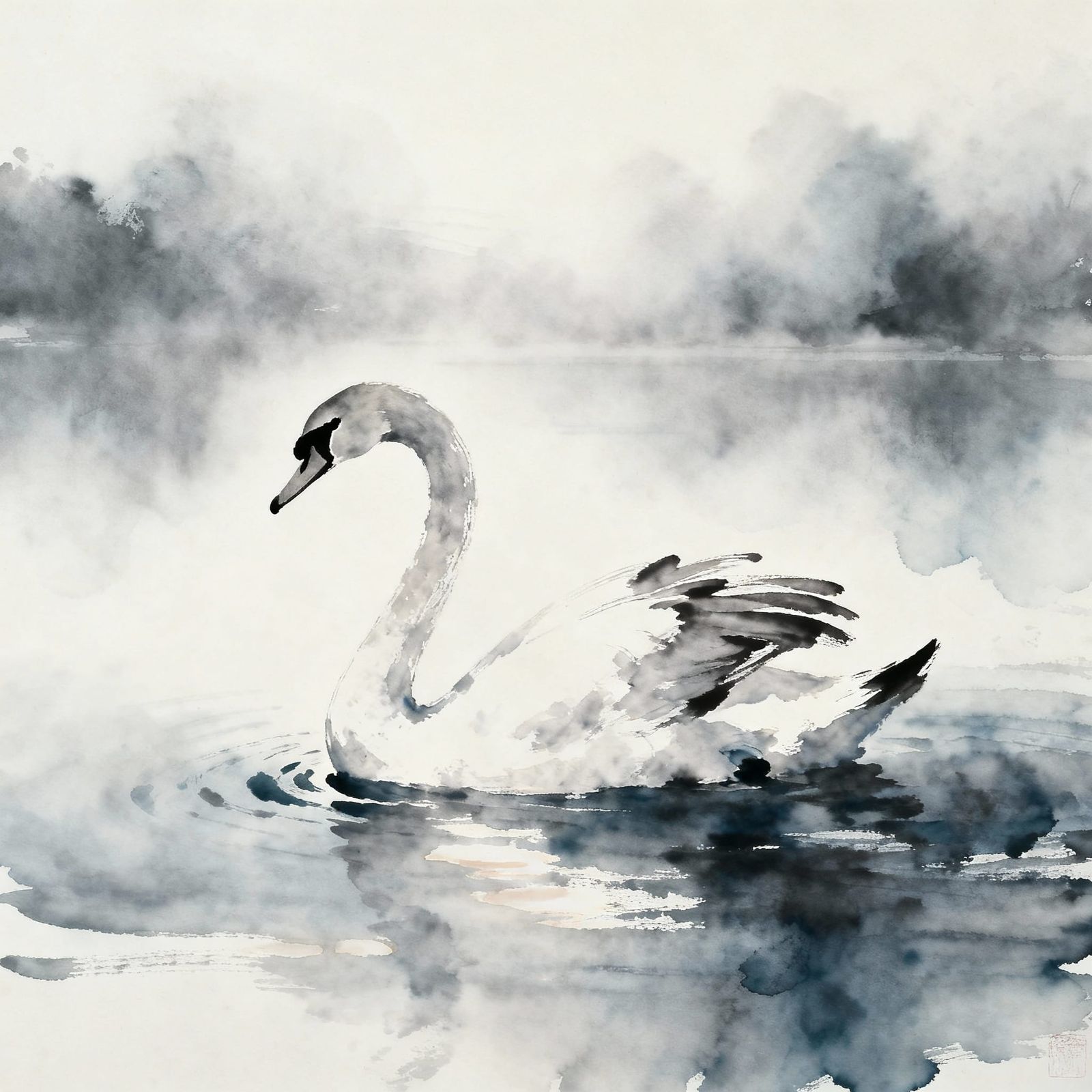 Graceful Swan on Misty Lake in Chinese Ink Style