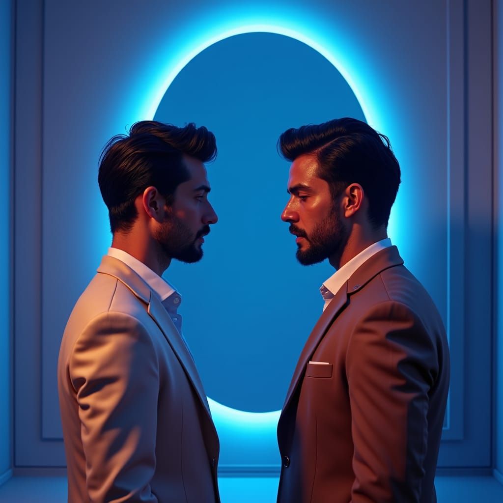 Men Reflect in Celestial Blue Mirror, Digital Art