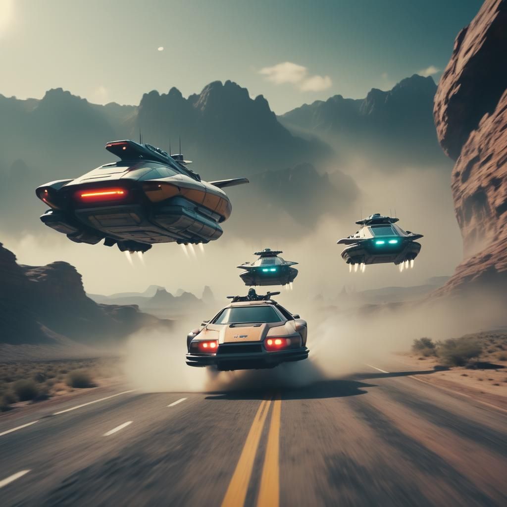 Futuristic Space Hovercar Pursuit: Cinematic Film Still