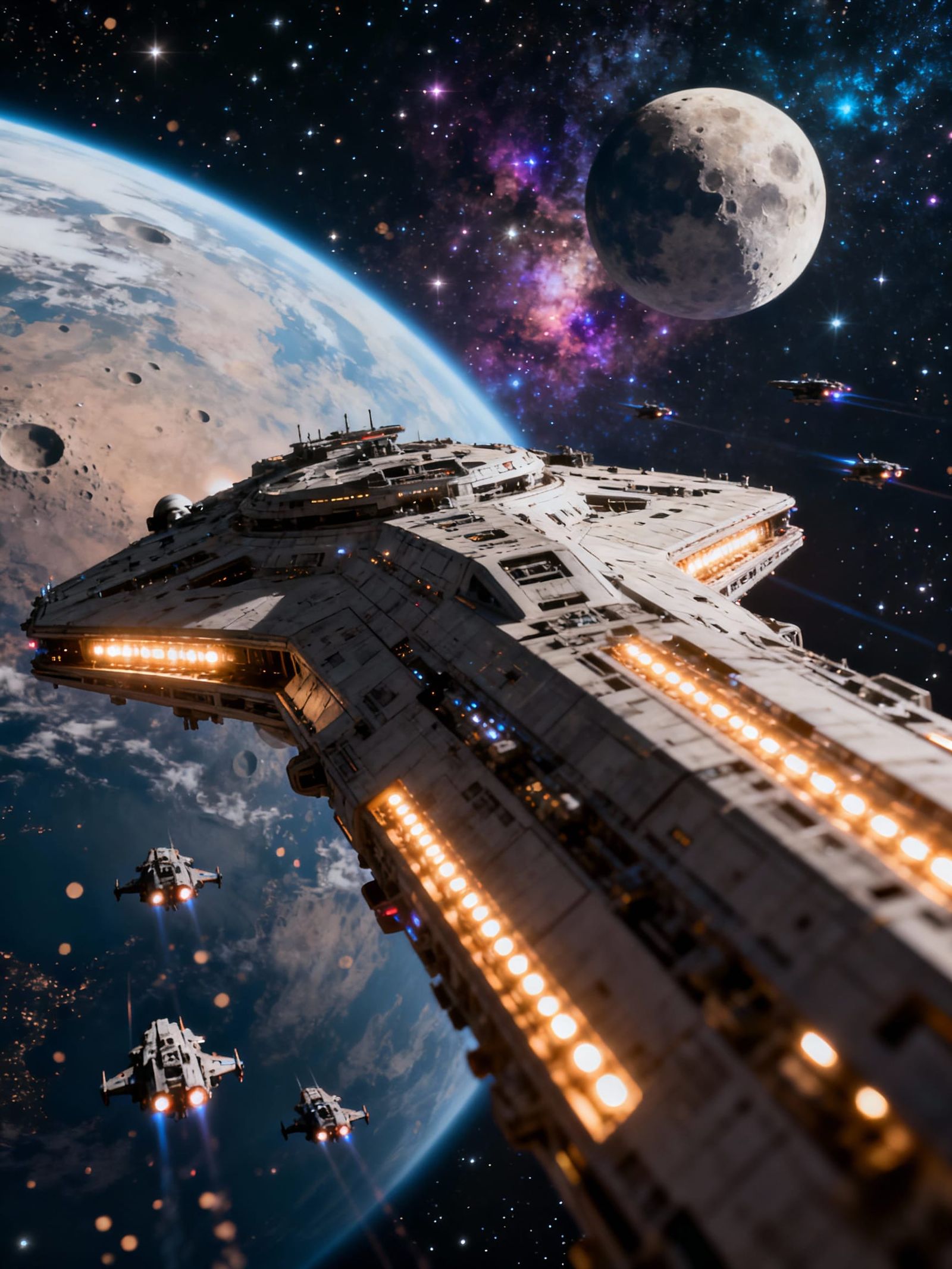 Colossal Starship Orbits Detailed Planet in Photorealistic C...