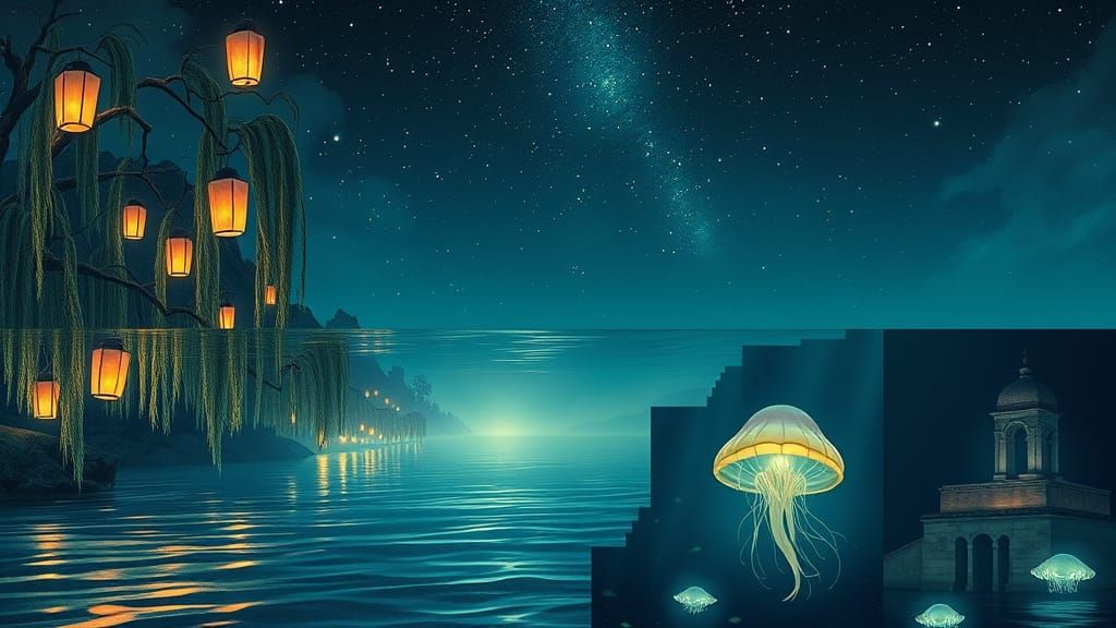 Ethereal River Scene with Bioluminescent Jellyfish