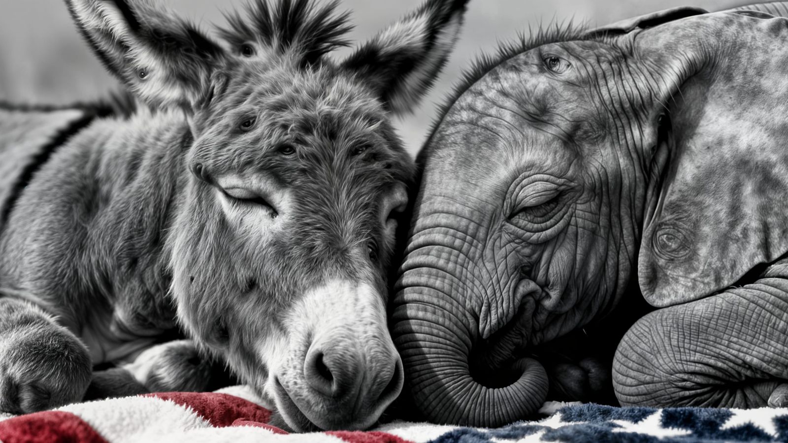 Baby Donkey and Elephant Cuddle on Flag