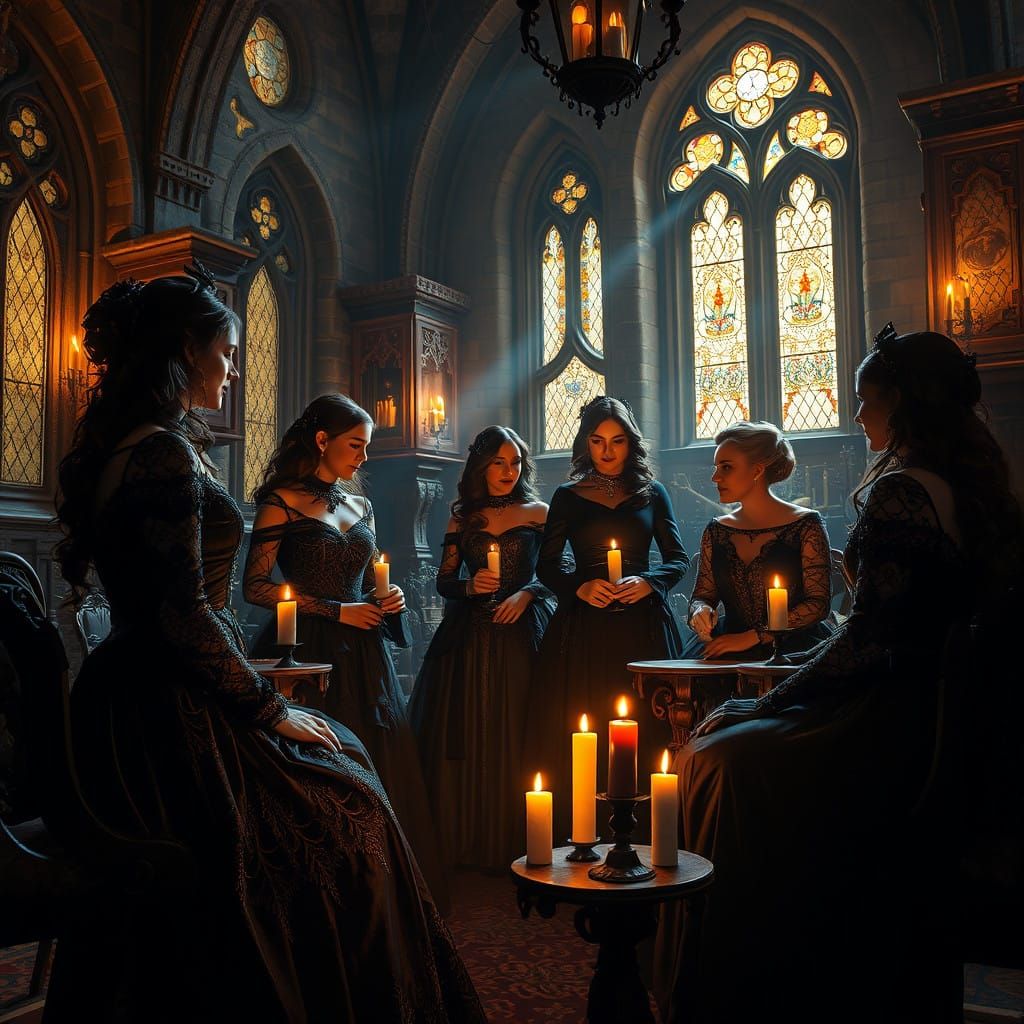 Gothic women at a gathering of friends in their castle