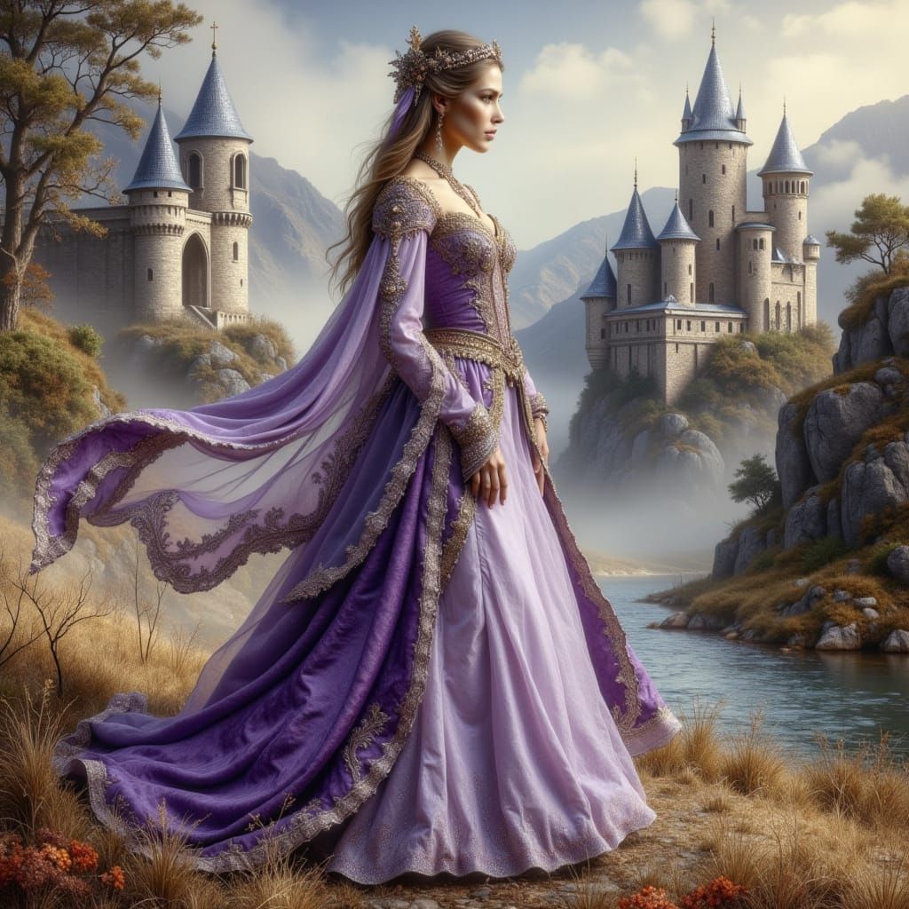 Elegant Woman in Lavender Ruritanian Attire Against a Fantas...