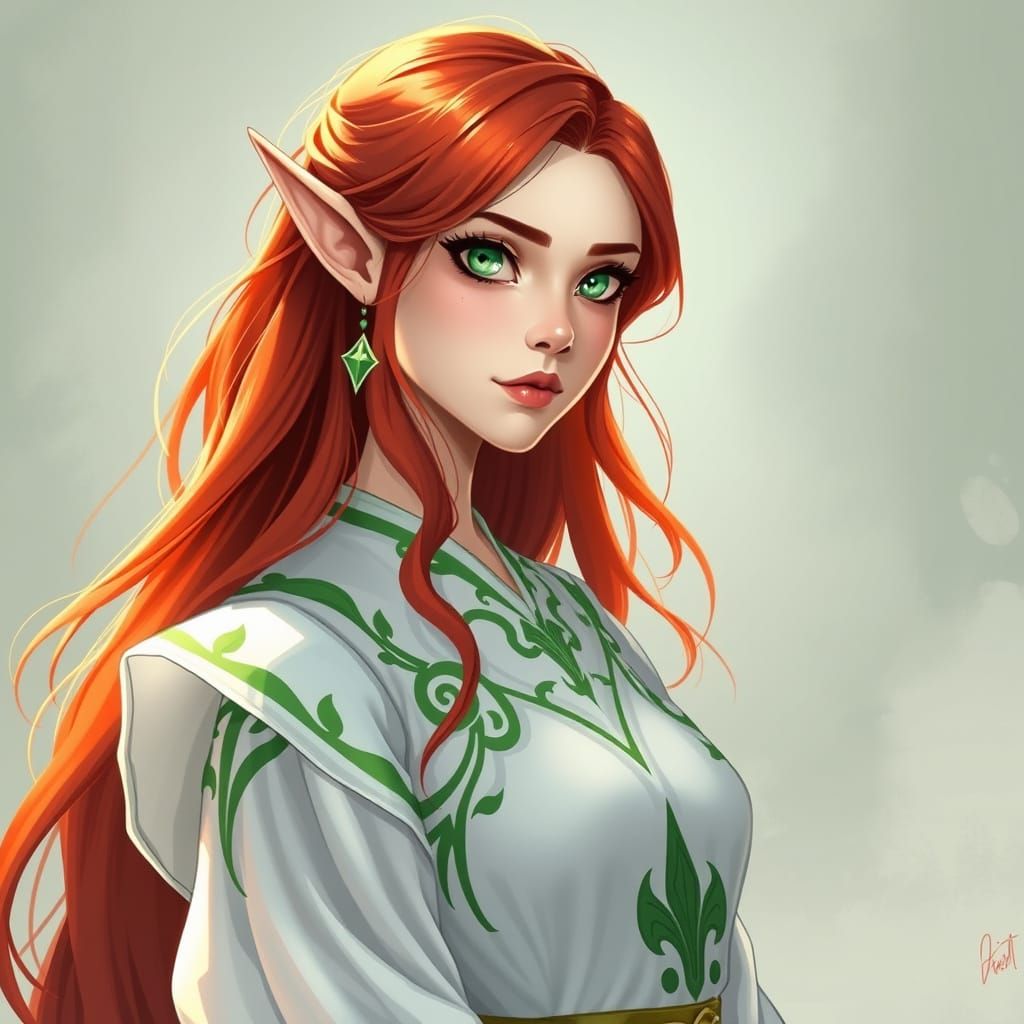 Enigmatic Sage of Light with Vibrant Red Hair and Green Acce...