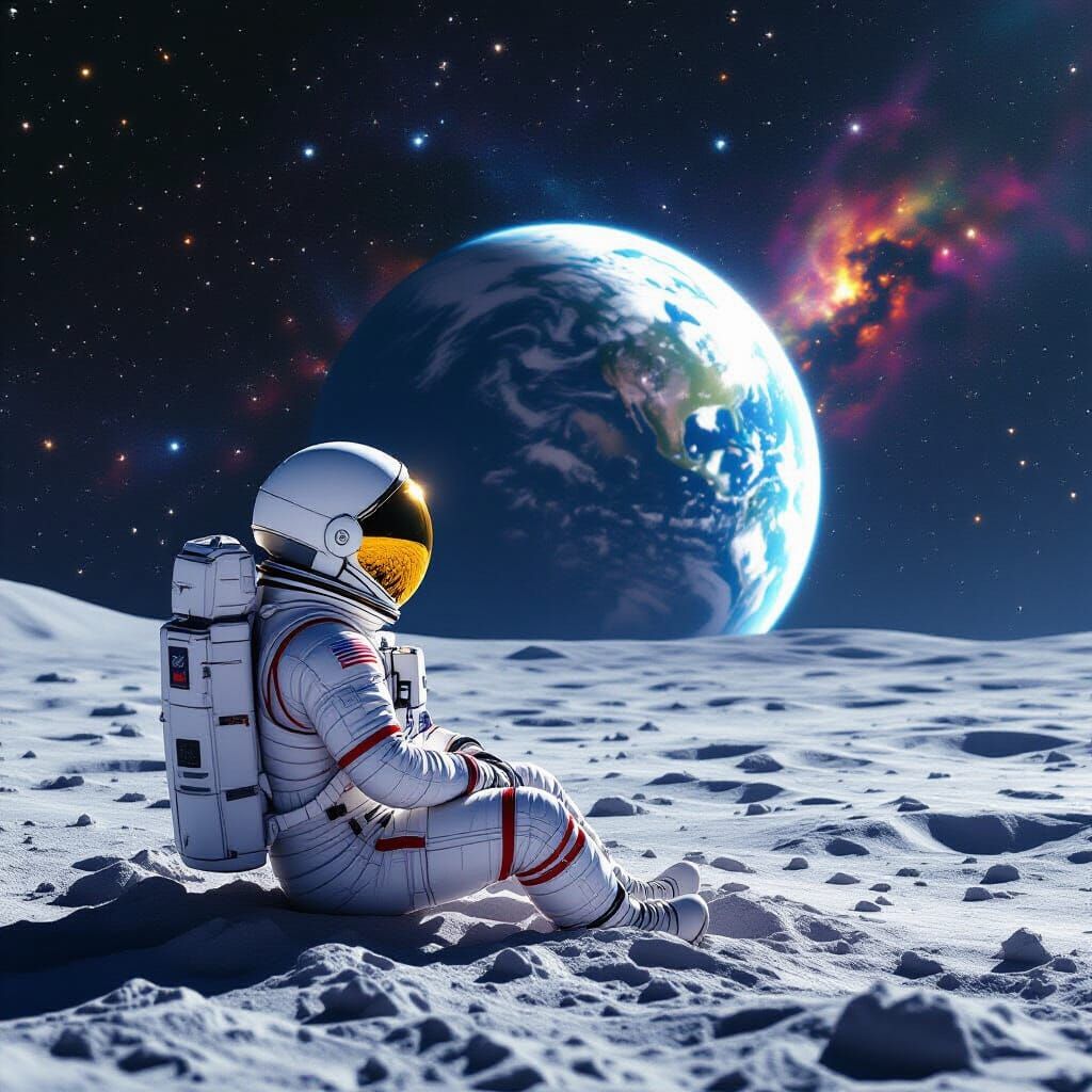 Astronaut on Moon Gazing at Earth: Photo-Realistic Scene