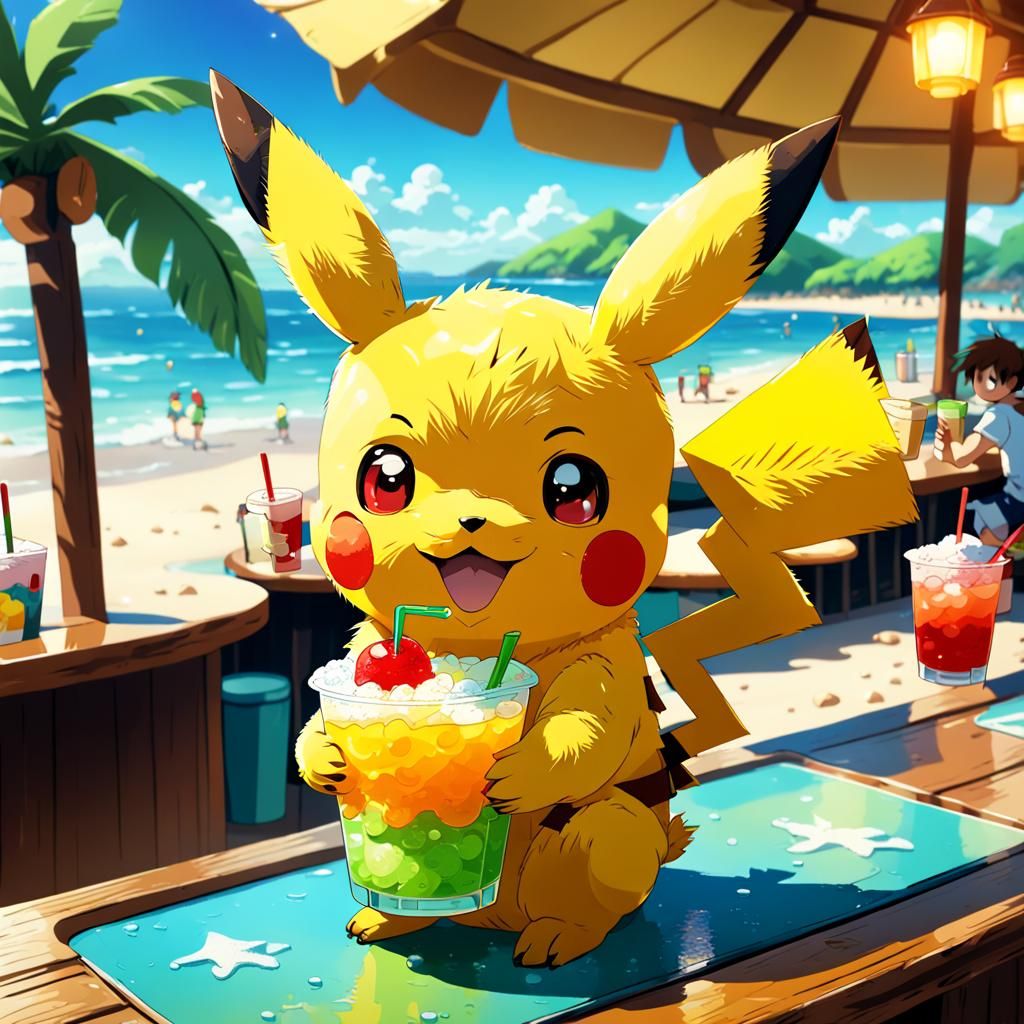 Pikachu at Beach Bar: Manga Anime Style