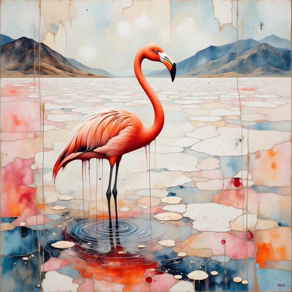 Surreal Flamingo Scene in Vibrant Street Art Style