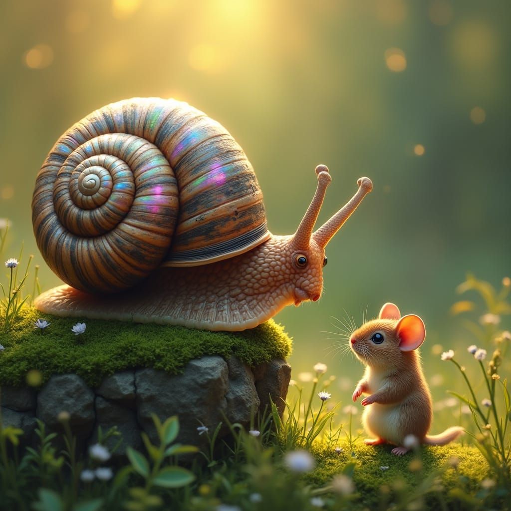 A large, majestic snail perched on a moss-covered rock, its enormous shell finely detailed with intricate patterns that ...