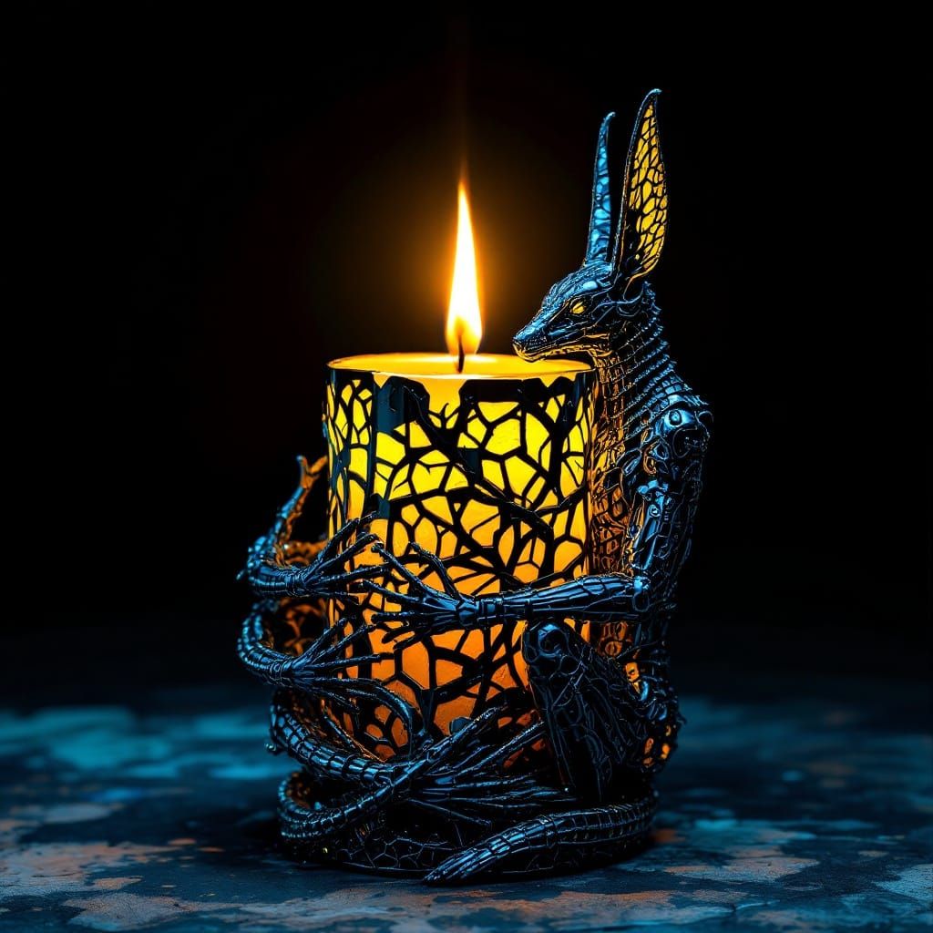 Anubis Sculpture Wrapped Around Candle in Metal Black Light