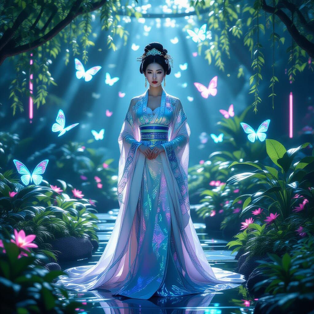 Futuristic Empress in Bioluminescent Garden: Cinematic Still