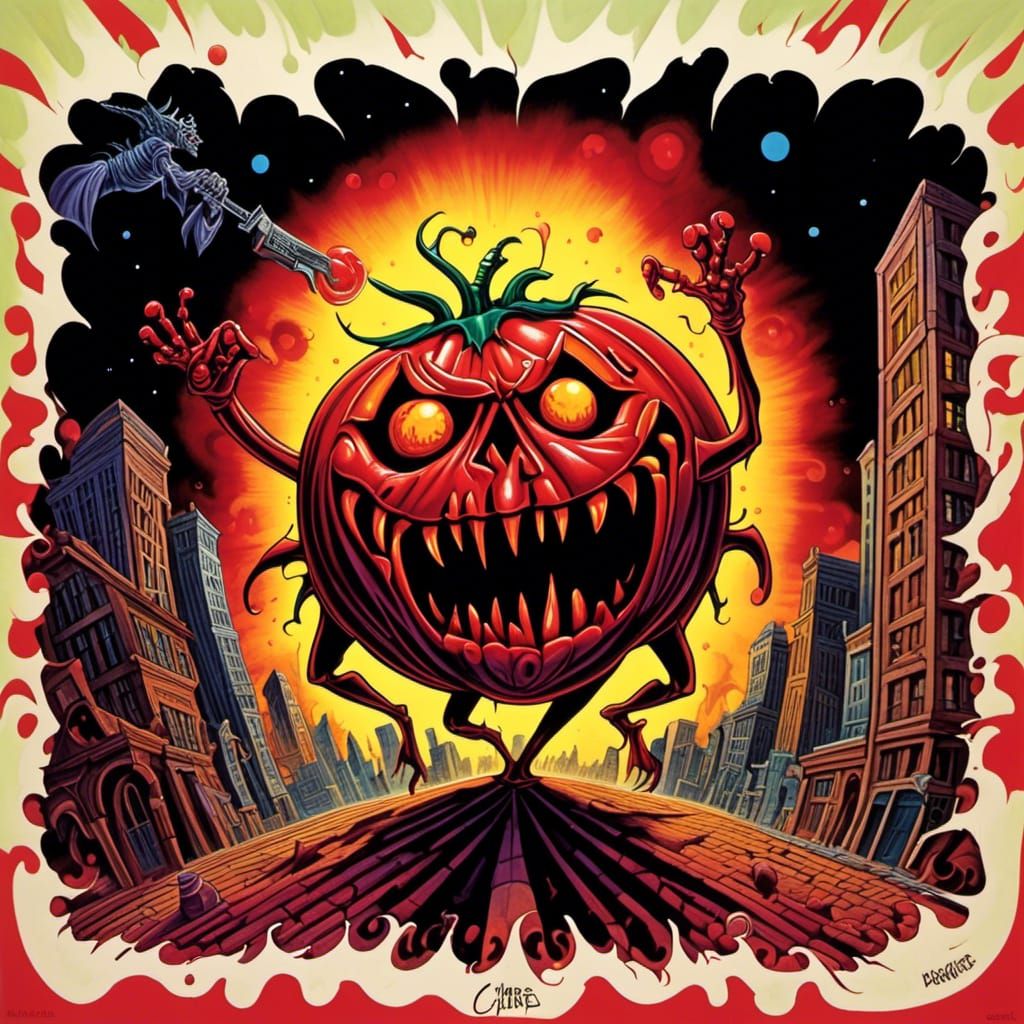 Grotesque Tomato Monster Terrorizes City in Comic Book Art