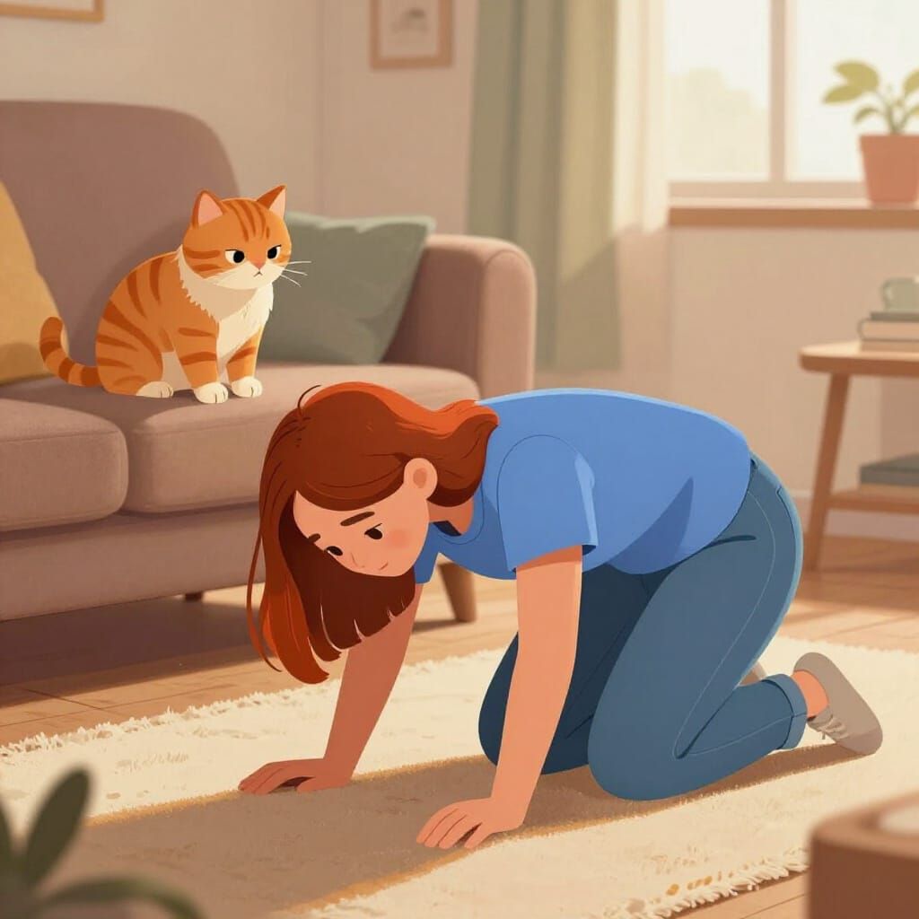 Woman Searching Carpet While Cat Judges Her