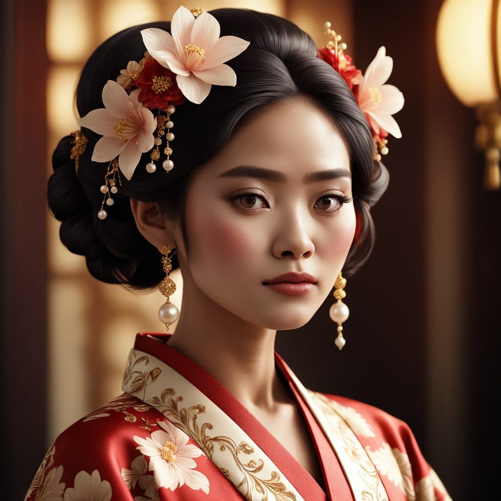 Indonesian Woman in Kimono with Gold and Pearls