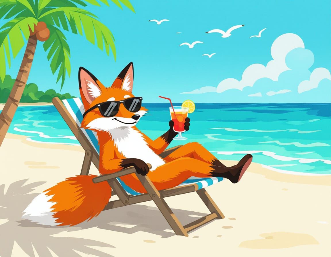 Cartoon Fox on Tropical Beach in Quentin Blake Style