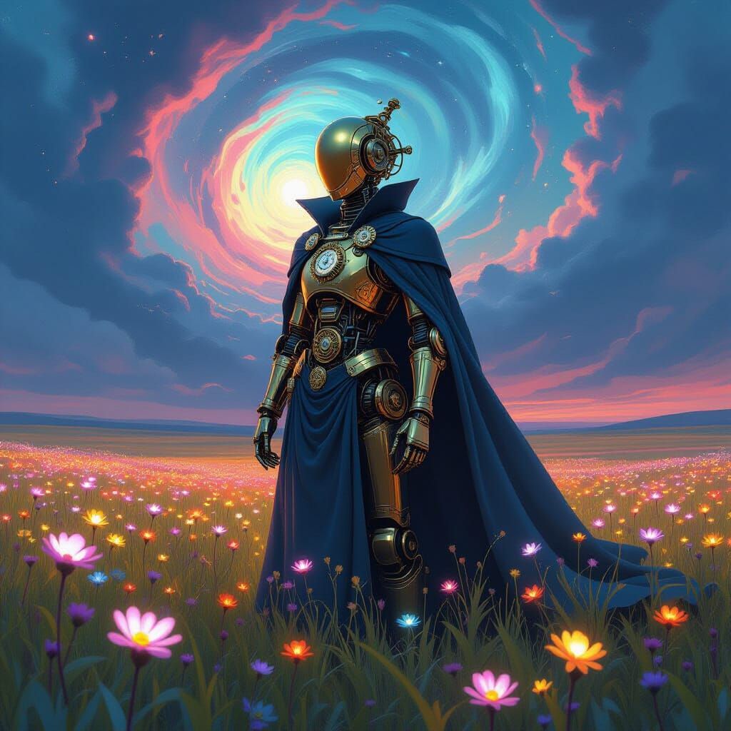 Brass Automaton in Alien Field Under Nebula Sky