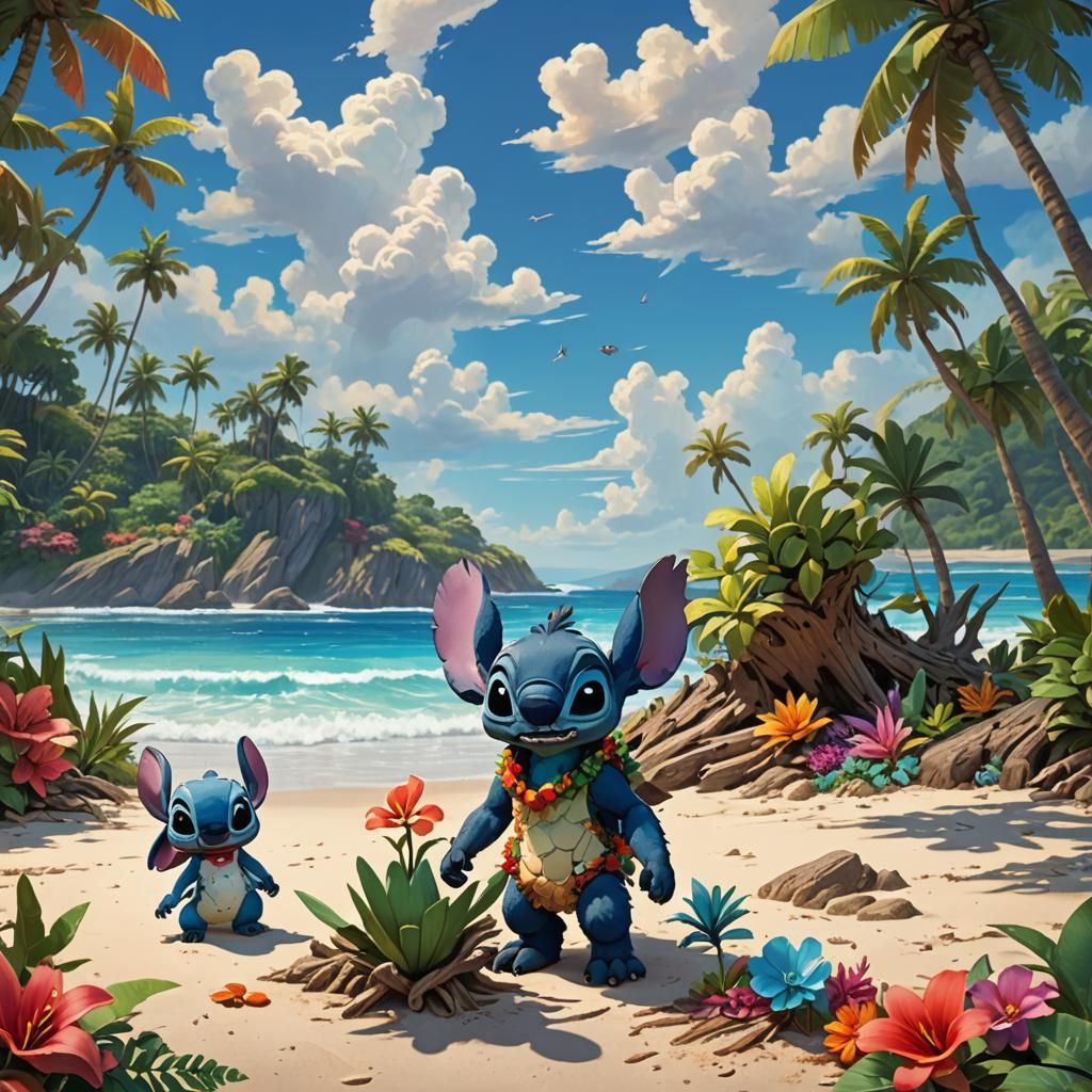 Lilo and Stitch on Tropical Beach, Fantasy Art