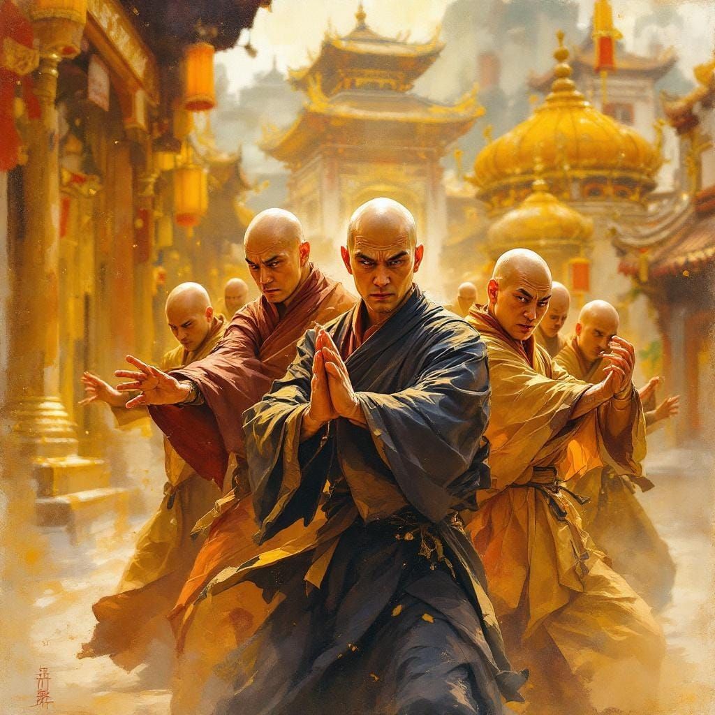 Monks in Martial Arts Poses, Impressionist Painting