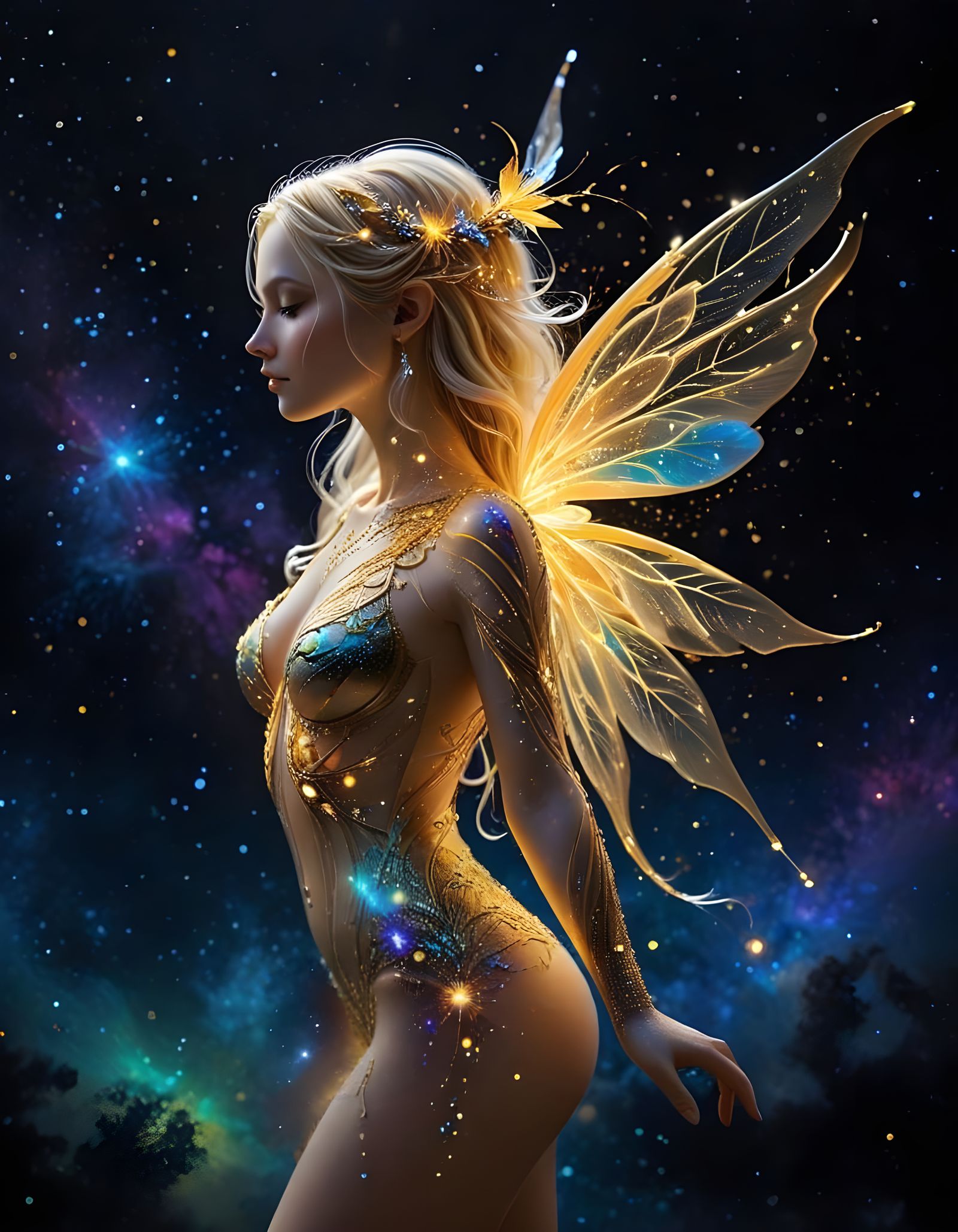 Golden Fairy in Psychedelic Starry Oil Painting