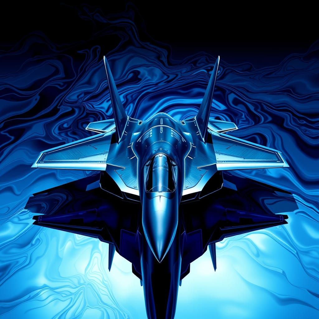 Futuristic F-22 Raptor in Liquid Metal Landscape