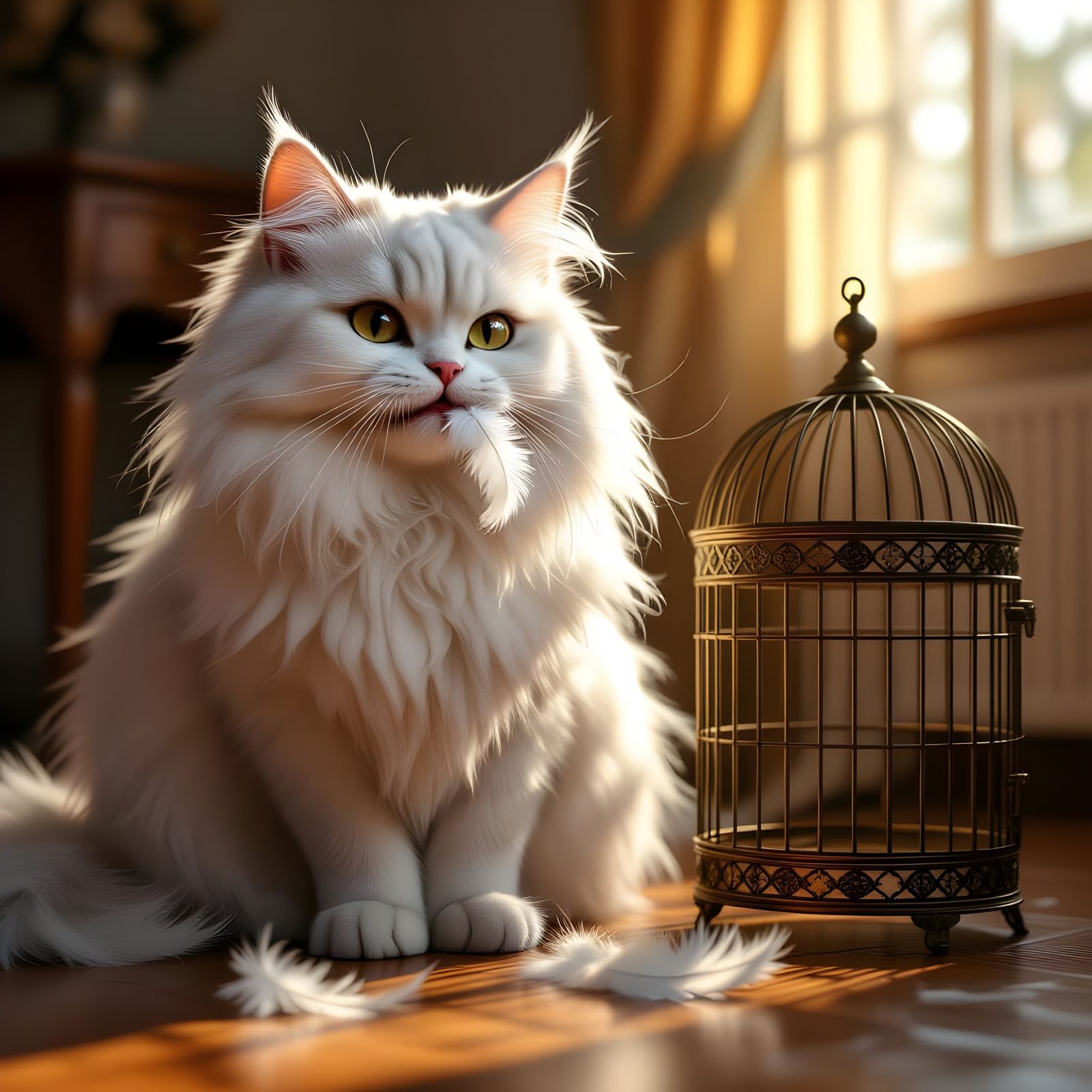 Fluffy Cat with Feathers and Empty Bird Cage