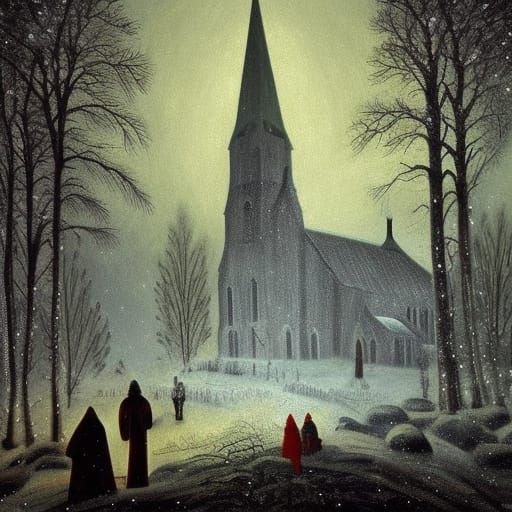 Gothic Church in Winter Landscape Painting