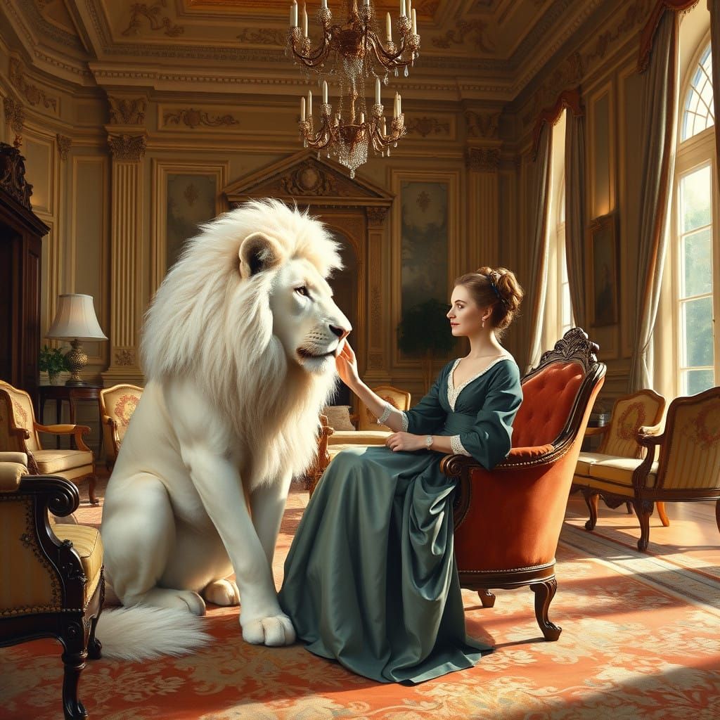 Refined Lady Interacts with Majestic White Lion in Grand Liv...