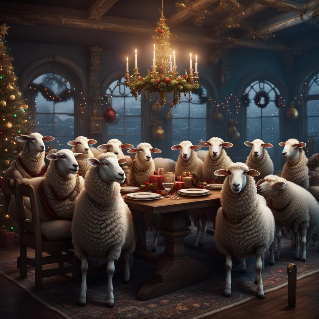 Festive Sheep Christmas Party: Detailed Digital Painting