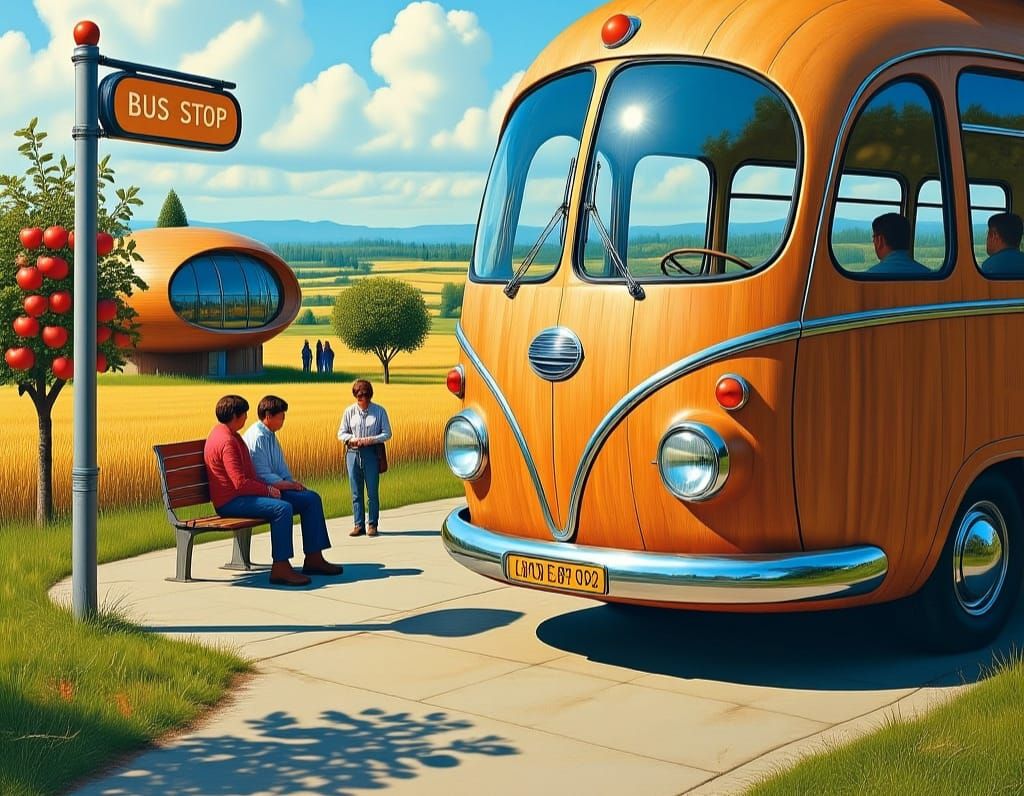 Futuristic Wooden Bus at Rural Bus Stop as Airbrushed Art
