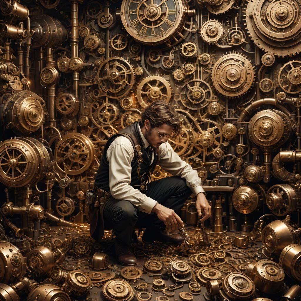 Steampunk Inventor with Clockwork Fleas in Dystopian Worksho...