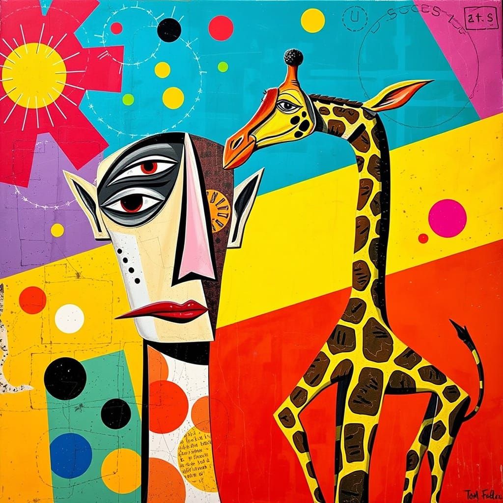Surreal Cubist Portrait with Lanky Giraffe in Vibrant Pop Ar...