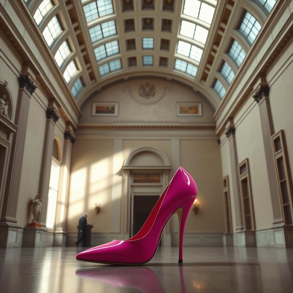 A pink high heel shoe left in a museum