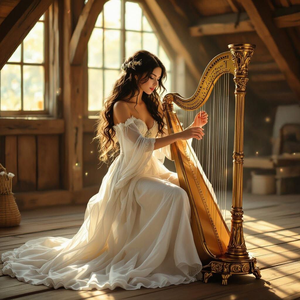Fantasy Woman Plays Harp in Sunlit Loft