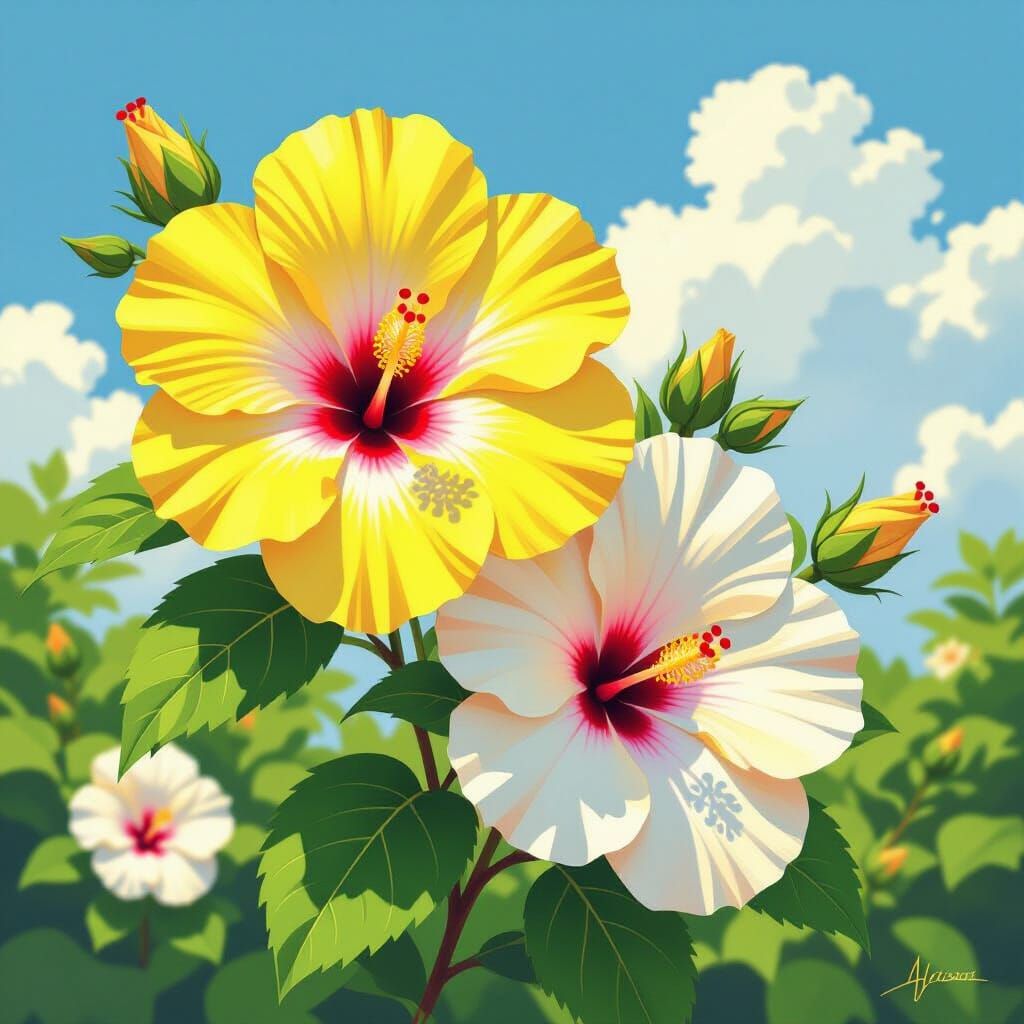 Hibiscus Flowers in Garden: Watercolor Painting